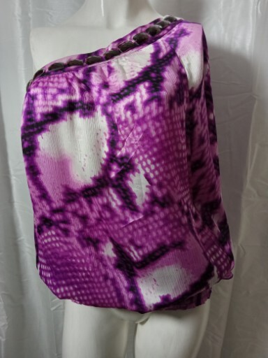 BEBE XL Pink Snake Print Silk One Shoulder Top with Elastic Waist and Big Stone Detail