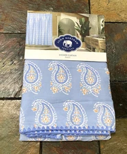 John Robshaw Textiles Paisley Luxury Embroidered Edge Blue Fabric Shower Curtain