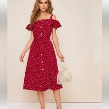 SHEIN Red White Polka Dot Button Front Flounce Cold Shoulder Midi Dress Size S