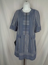 BCBGMAXAZRIA Blue Chambray Metallic Stripe Mini Shift Dress Size Medium New