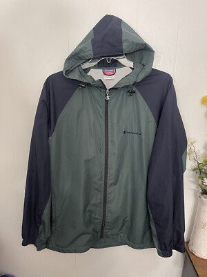 Champion XL Windbreaker Jacket Blue & Green Hooded Nylon