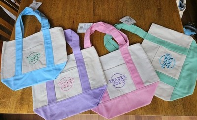 Trader Joes 4 Set Mini Pastel Canvas Tote Bag Blue Pink Purple Green   Seller