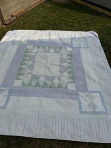 Vtg Handmade Quilt 92x94 Reversible Flying Geese Medallion Blue  Cottage AS IS