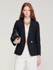 SANDRO Paris  590 Black Basket Weave Textured Blazer Size 36 Small Quiet Luxury