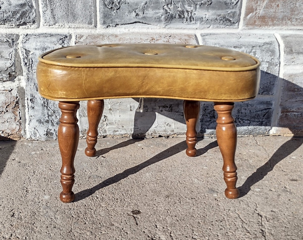 Vintage Mid Century Tufted Beige Vinyl Kidney Shaped Foot