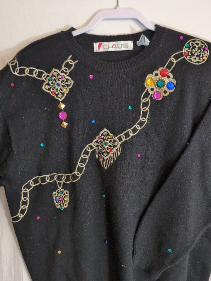 Suéter vintage para mujer L Chaus negro bordado adornado años 90 Foto 4 de 4