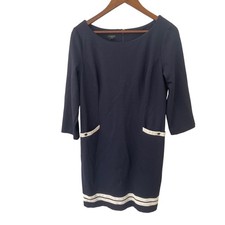 Talbots Womens 14P Navy Blue Nautical Ponte Shift Dress  3/4 Sleeve Classic