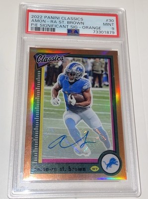 2022 Panini Classics Amon-Ra St. Brown #30 Prem Edition Sig Orange /10 (AU) PSA9