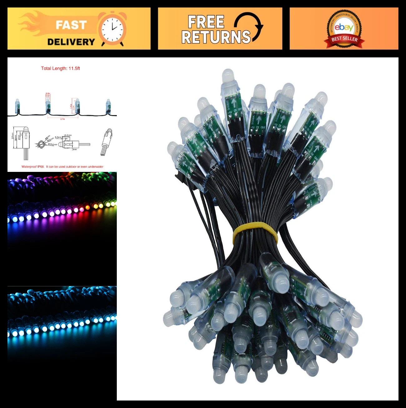 50pcs IP68 Waterproof RGB LED Pixel Lights - Individually Addressable Round DIY