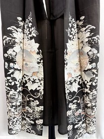 Vintage Japanese Silk Sheer Kimono Black Summer Kurotomesode Crest Floral