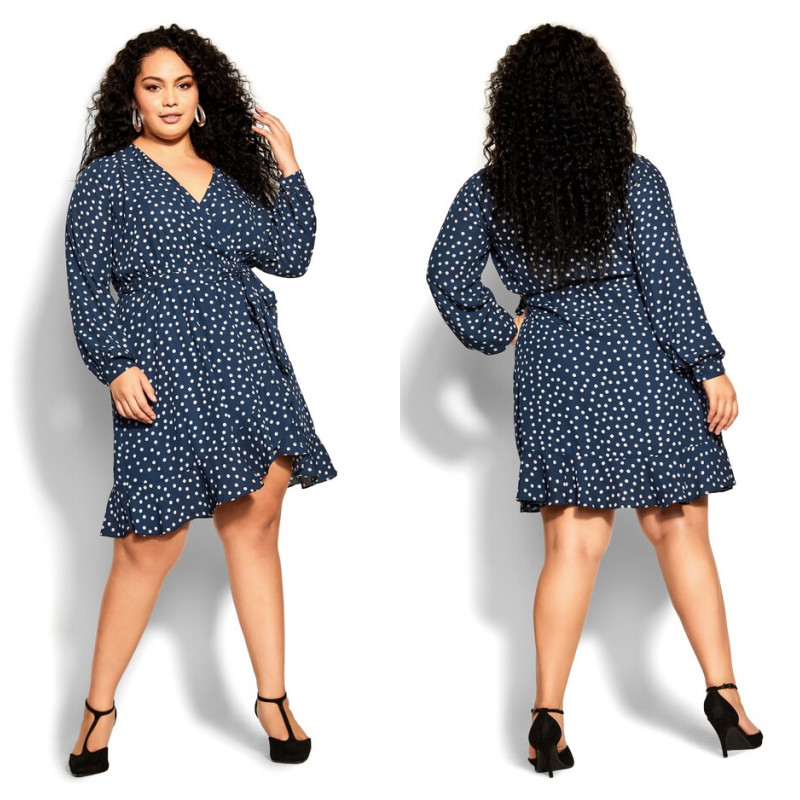 city chic navy blue dress NWT Faux Wrap Long Sleeve Ruffle Spot 22 the Simplicity Dress will