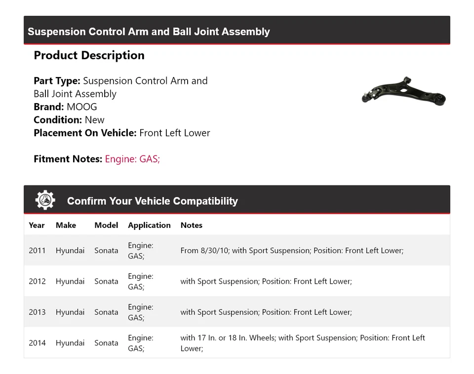 Brazo de control delantero izquierdo inferior MOOG 2011-2014 para Hyundai Sonata GAS 2011-2014 Foto 2 de 4