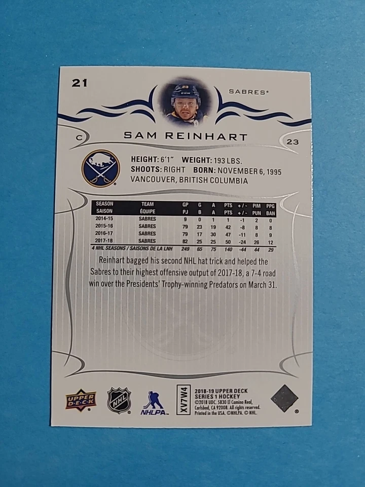 SAM REINHART 2018-19 UPPER DECK HOCKEY CARD # 21 H6933 - Image 2 of 2