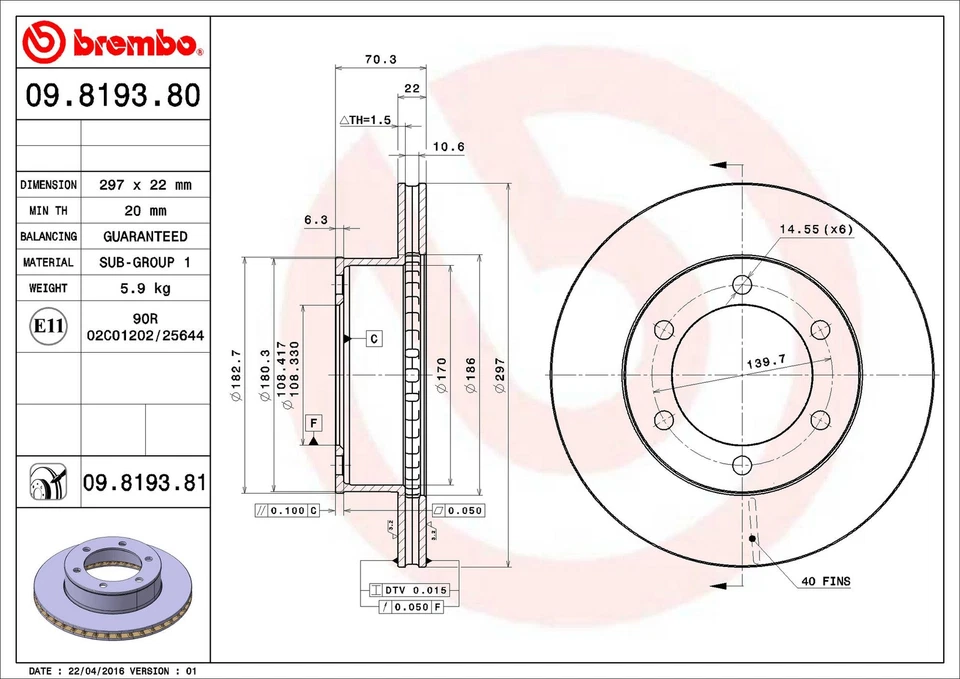 Brembo 09.8193.81 297mm Front Disc Brake Rotor for 1995-2004 Toyota Tacoma - Image 3 of 4