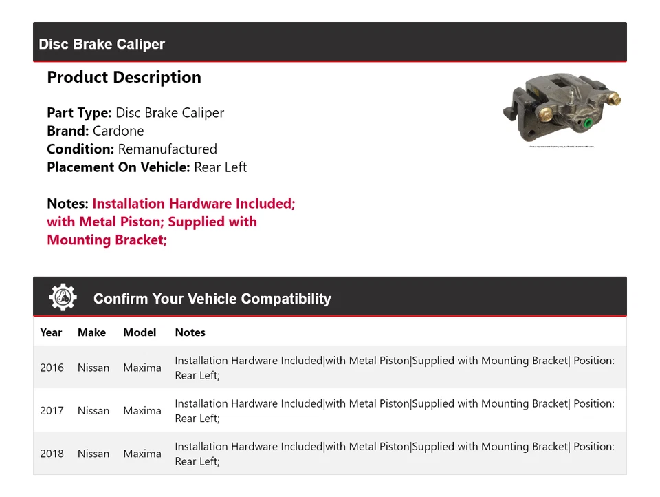 Pinza de freno de disco trasera izquierda Cardone 2017 para Nissan Máxima 2016-2018 Foto 2 de 4