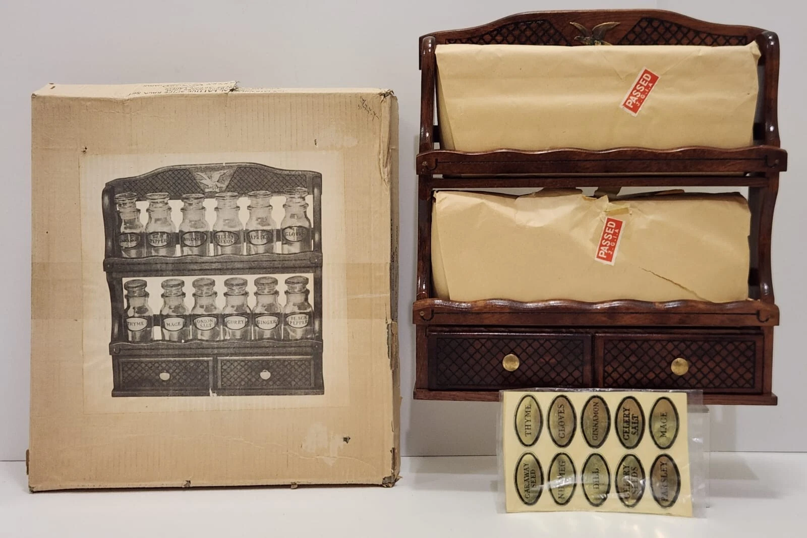 Vtg NOS Gail Craft Colonial Lattice Spice Rack Set 12 Bottles Cherrywood JAPAN