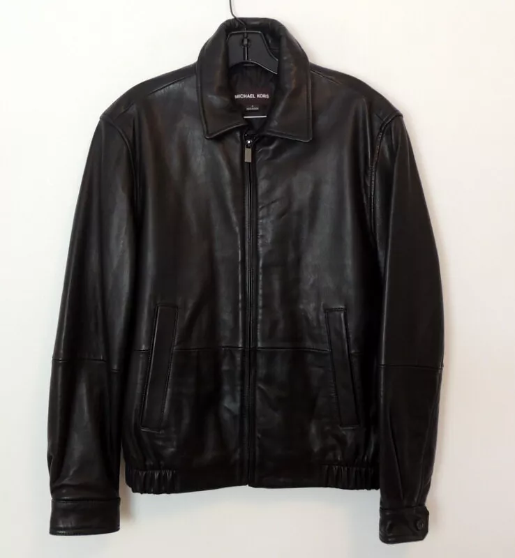 Michael Kors Mens S Leather Moto Bomber Jacket Beautiful Quality Black