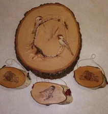 Wooden Slab with Engraved Birds with natural edge, wood burning, artist signed