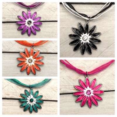Halskette, Kette, Modekette, Textilbandkette,Blüte, emailliert, Strass, Farbwahl