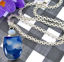 Sterling Silver 925 Blue Agate Stone Necklace 18" 21G