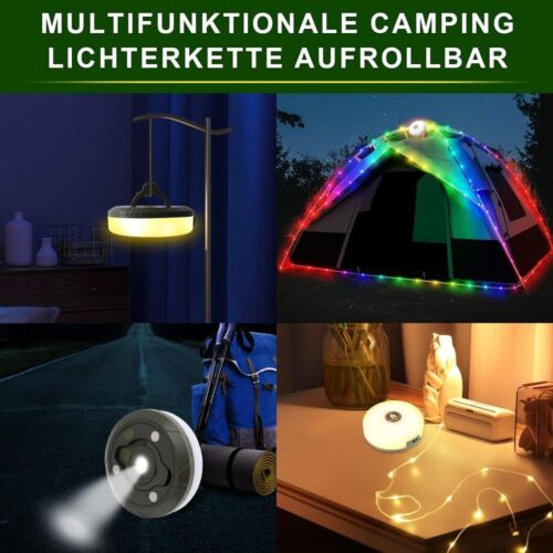 LED Camping Lichterkette Aufrollbar Magnet Wasserdichte Tragbare FairyLights 10m - Bild 9 von 16