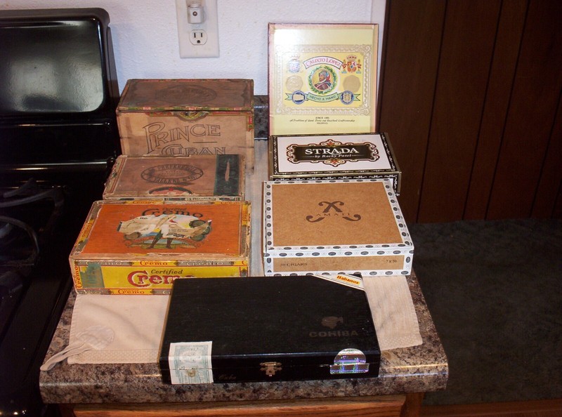 VINTAGE LOT of WOODEN CIGAR BOXES - (1-THREE FORKS DRUG CO. THREE FORKS MONTANA)