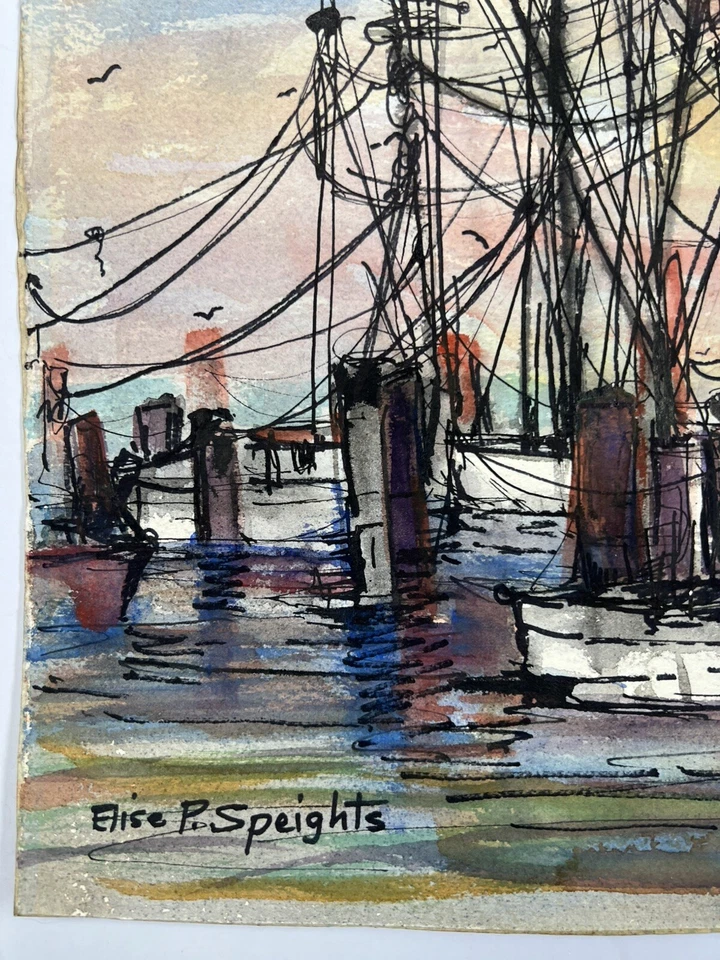 "Pintura acuarela original de barcos en puerto 14x11"" Elise Speights bellas artes" Foto 2 de 4