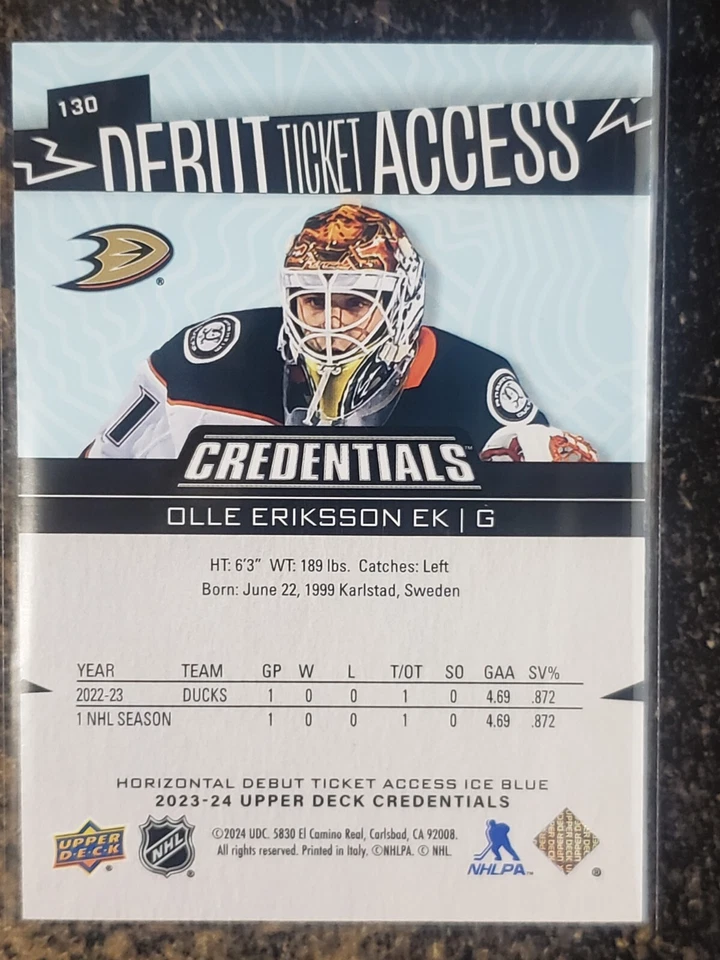 2023-24 Credentials OLLE ERIKSSON EK Debut Ticket Access! #130 056/799 Ducks! - Image 2 of 3