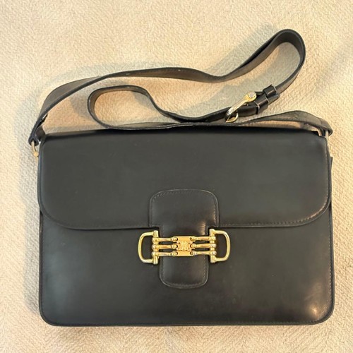CELINE Triomphe Leather Shoulder Bag Black Solid Authentic Used