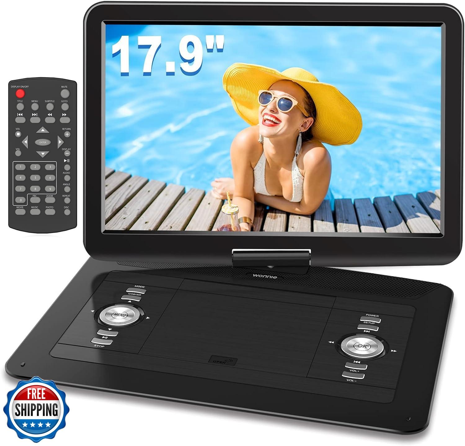 WONNIE 17.9" Large Portable DVD/CD Player with 6 Hrs 5000mAH Rechargeable Bat