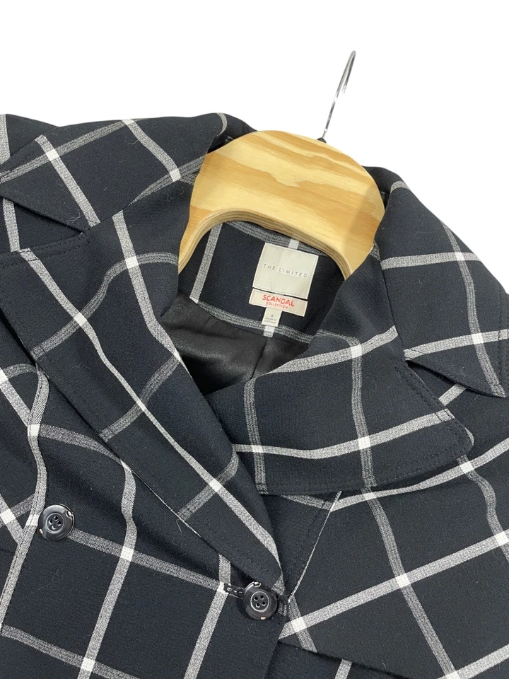 The Limited Scandal Collection Black Plaid Drap Coat Small  Lined Belted Heavy - Image 4 of 4