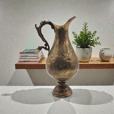 19th C. Islamic Arabic Engraved Brass Jug with Figural Handle Hand Chased 13in