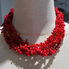 5 Rows Natural Red Coral Chip Irregular Beads Statement Necklace 18 Inch
