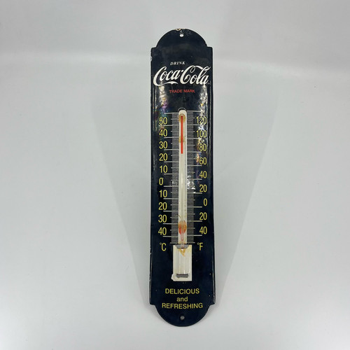 Vintage Black Coca-Cola Metal Thermometer Sign “Delicious & Refreshing”