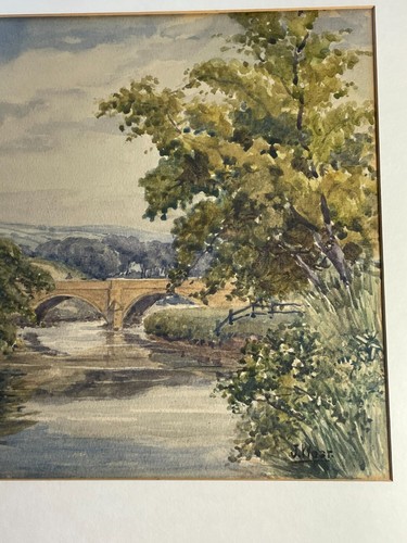 Joseph West 1882-1958 Aquarell Fluss Landschaft mit Brücke & Dorf - Bäume - Bild 5 von 22