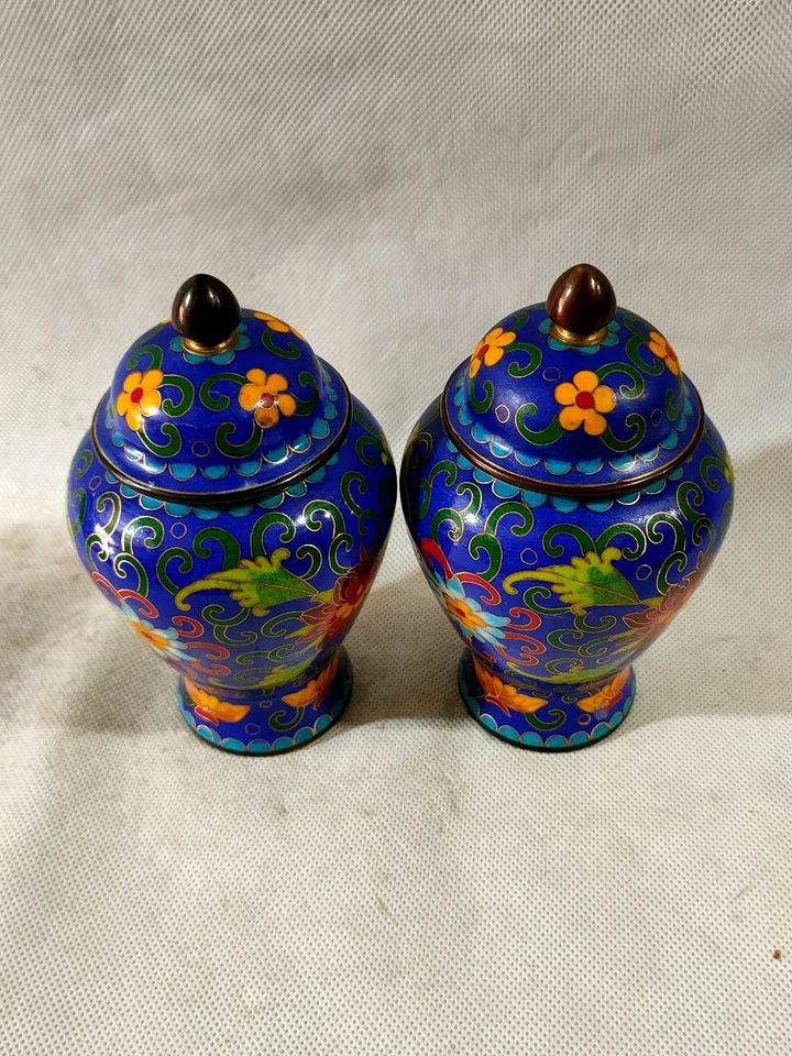 Exquisito par de macetas de cobre chino esmaltado Cloisonne hecho a mano 18599 Foto 3 de 4
