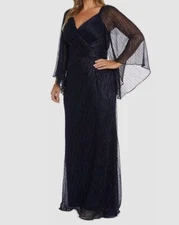 NW Nightway Women's Blue Sweetheart-Neck Draped-Illusion-Sleeve Gown Dress Sz 6