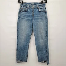 Grlfrnd Women Blue Renn High Waist Step Hem Zip Straight Leg Cropped Jeans