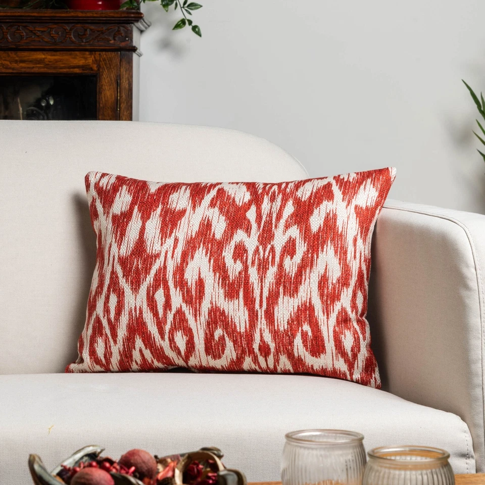 Textured Linen Blend Abstract Ikat Boudoir Cushion. Bright Cherry Red. 17x12" - Image 3 of 4
