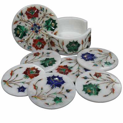 Marble Tea coaster set lapis stones inlay work Handmade home & Gift decor q