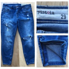 PISTOLA Women s Destructed Medium Wash Mid Rise Zipper Hem STRETCHY Denim Jeans