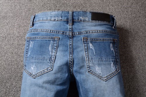 Mens Retro Ripped Slim Pleated Denim Jeans Classic Motorcycle Style Blue Stretch - Picture 4 of 12