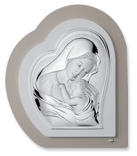 Quadro Pannello MADONNA CON BAMBINO 33,5x38 bilaminato argento su legno chiaro