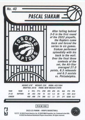 Pascal Siakam 2022-23 Panini NBA Hoops Basketball Card #40