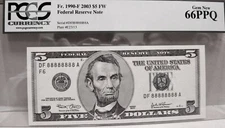 88888888 TRUE SUPER SOLID 8’s Fancy Serial Number PCGS GEM 66 PPQ 2003 $5 FRN 