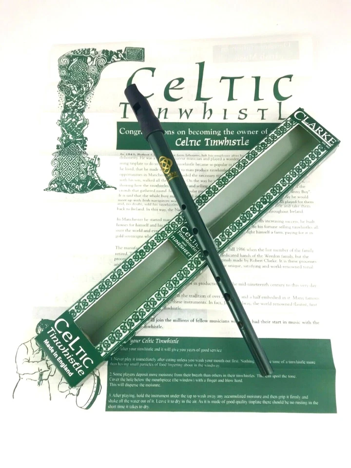 UK MADE Clarke Celtic D GREEN Irish Tin Penny Whistle in Gift Box