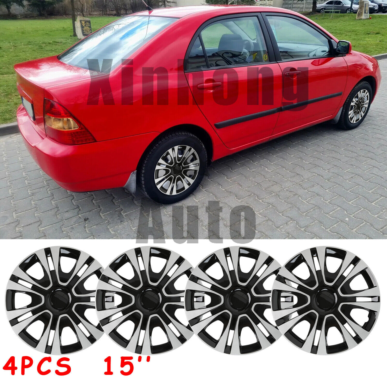 Toyota Corolla 15-Inch 4-Piece Black & Silver Hubcap Set for R15 Rims  