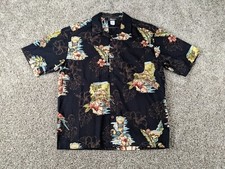 Reebesse Hawaiian Shirt Mens Medium Floral Black Tiki Parrot Camp Made in USA