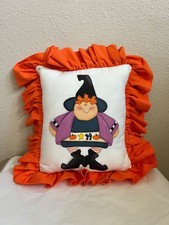 Vintage Handmade Halloween Witch Pillow Hand Painted One of a Kind Ruffle