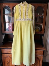 Vintage 60's 70s Semi Sheer Yellow Empire Waist Boho Long Sleeve Maxi Dress Sz 8